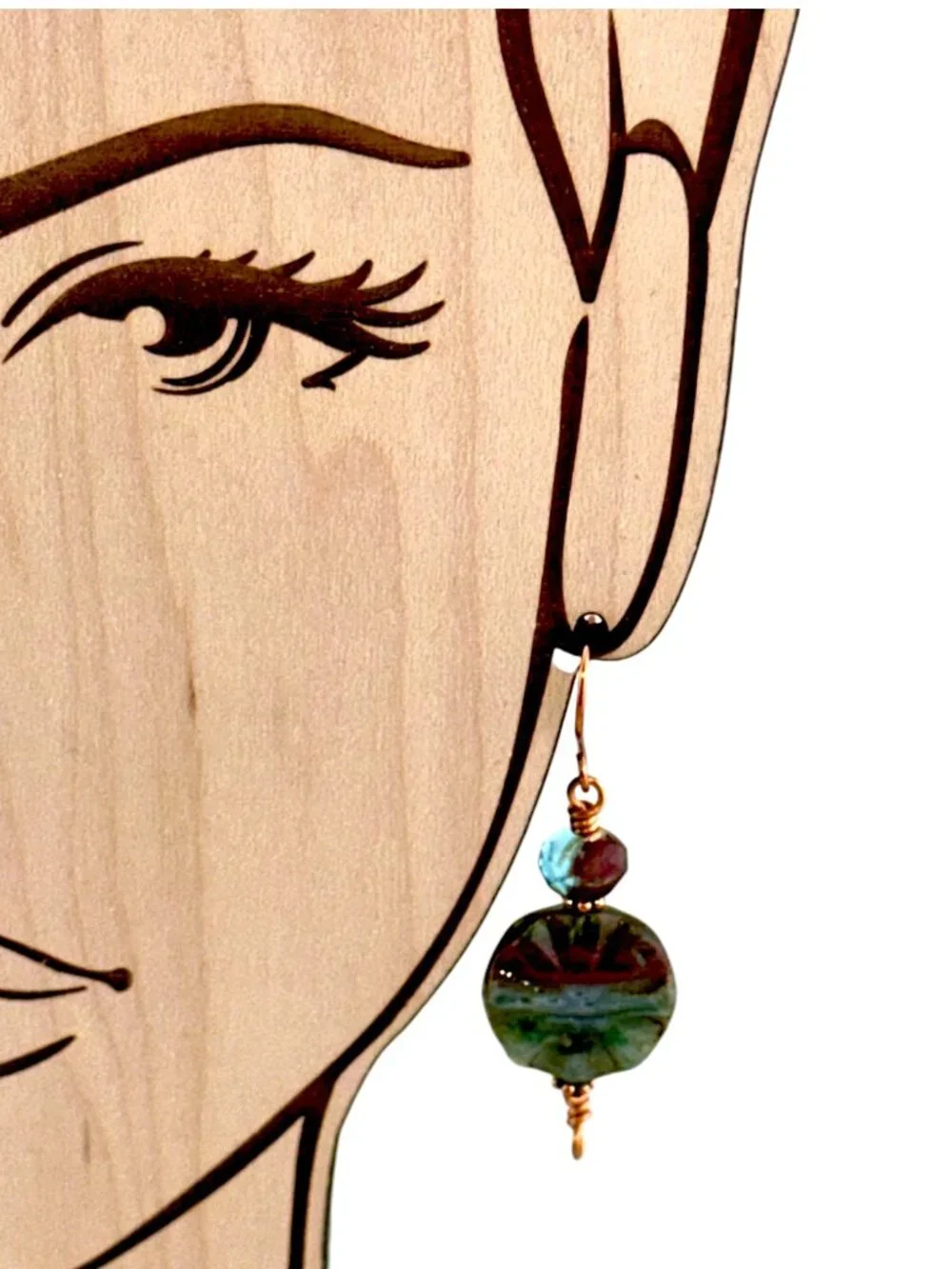 Boho Forest Sunrise Earrings Green Red Czech Glass Copper Dangle Beaded Artisan